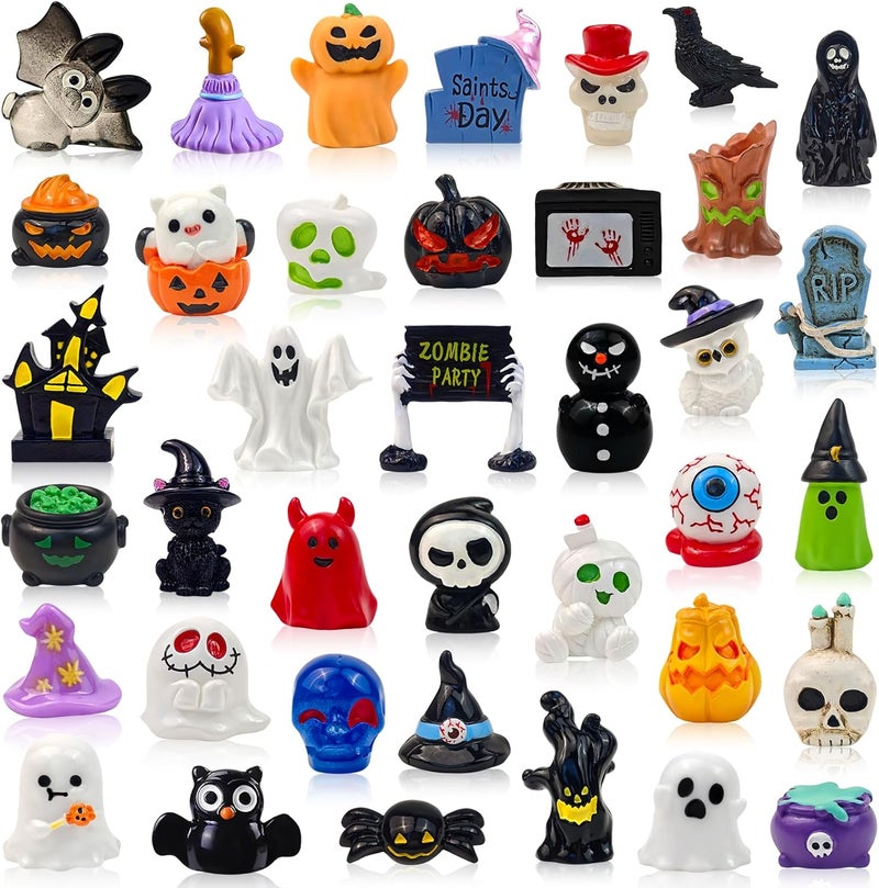 Feivando 38 Pcs Halloween Mini Resin Figures Tiny Little Pumpkin Ghost Skull Miniature Figurines Bulk for Halloween Party Micro Landscape Fairy Garden Decor - Image 1